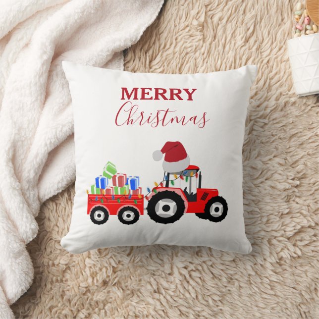 Red Christmas Tractor Truck Farm  Throw Pillow (Blanket)