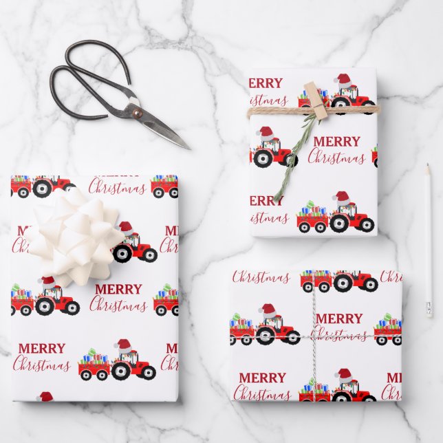 Red Christmas Tractor Truck Farm  Wrapping Paper Sheets (Front)