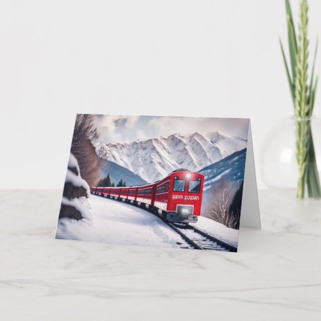 Red Christmas Train In Mountain Valley Holiday Card (Front)