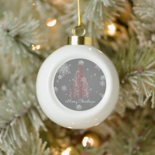 Red Christmas Tree and Snowflakes  Ceramic Ball Christmas Ornament