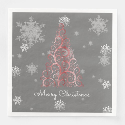 Red Christmas Tree and Snowflakes Paper Napkin