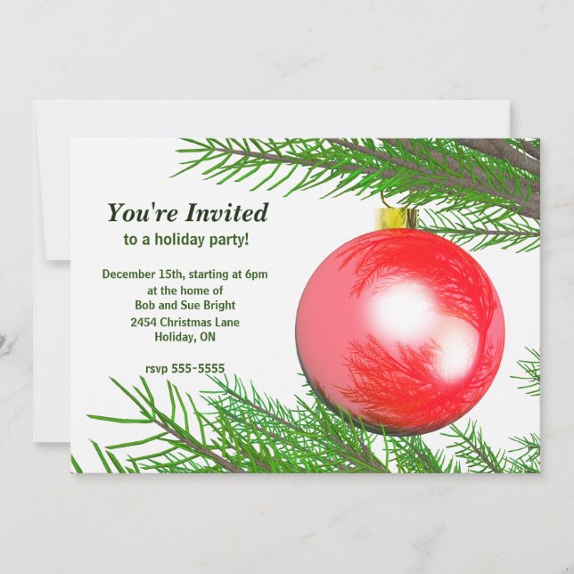 Red Christmas Tree Ball Holiday Party Invitation (Front)