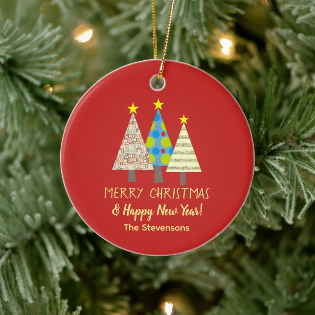 Red Christmas Tree Family Name Ceramic Ornament (Tree)