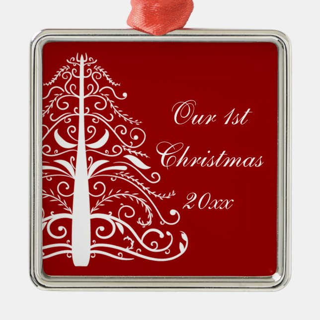 Red Christmas Tree First Christmas Together Metal Ornament (Front)