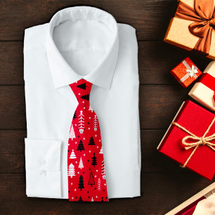 Red Christmas Tree Forest Pattern Neck Tie