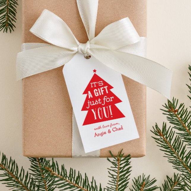 Red Christmas Tree Gift Gift Tags (red and white Christmas tree with quirky text "a gift just for you" custom name gift tag)