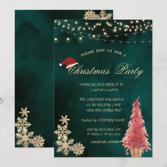 Red Christmas Tree,Gold Snowflakes Christmas Party Invitation (Front/Back)
