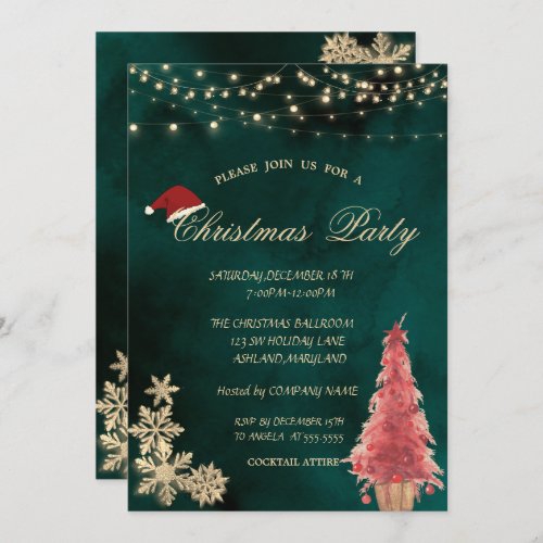 Red Christmas TreeGold Snowflakes Christmas Party Invitation