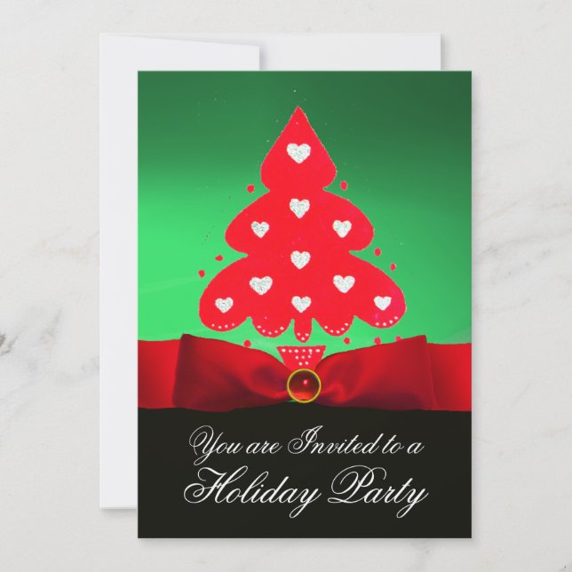 Red Christmas Tree ,Green Black Damask Party Invitation (Front)