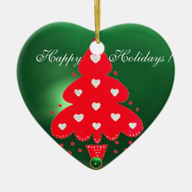RED CHRISTMAS TREE HOLIDAY PARTY green Heart Ceramic Ornament (Front)
