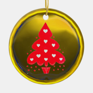RED CHRISTMAS TREE HOLIDAY PARTY yellow Ceramic Ornament