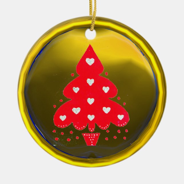 RED CHRISTMAS TREE HOLIDAY PARTY yellow Ceramic Ornament (Front)