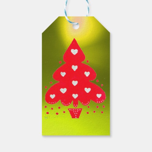RED CHRISTMAS TREE HOLIDAY PARTY yellow Gift Tags