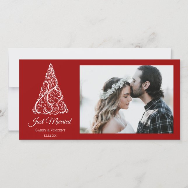 Red Christmas Tree Just Married Red Holiday Card (Front)