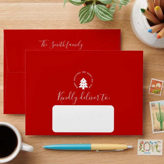 Red Christmas Tree Modern Holiday Cards Envelope (Desk)