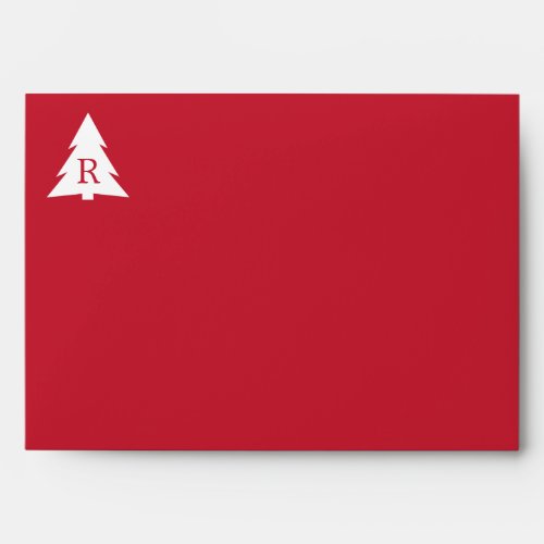 Red Christmas Tree Monogram Printed Return Address Envelope