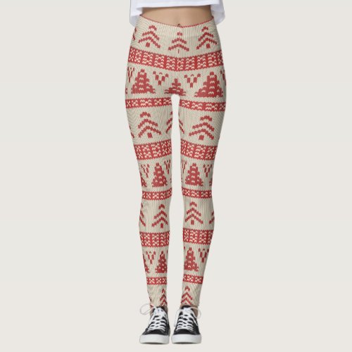 Red Christmas Tree Nordic Knit Sweater Pattern Leggings