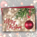 Red Christmas Tree Ornament Flat Holiday Card<br><div class="desc">A red Christmas tree ornament against gold blurred lights and Merry Christmas on the front,  your personal holiday greeting is on the back. Select Matte for heaviest paper and high definition for best print quality.</div>