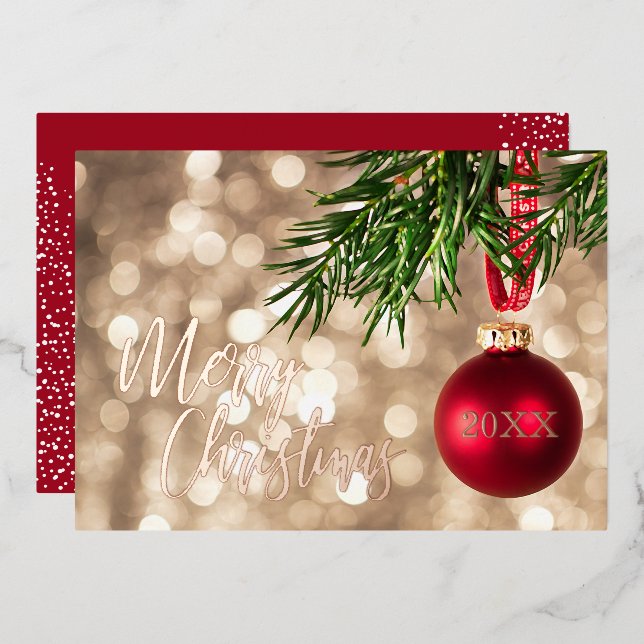 Red Christmas Tree Ornament Rose Gold Foil Invitation (Front/Back)
