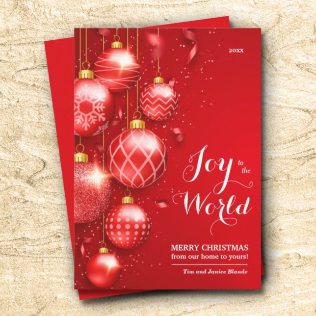 Red Christmas Tree Ornaments Joy to the World Holiday Card (Creator Uploaded)