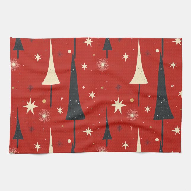 Red Christmas Tree Pattern Kitchen Towel (Horizontal)