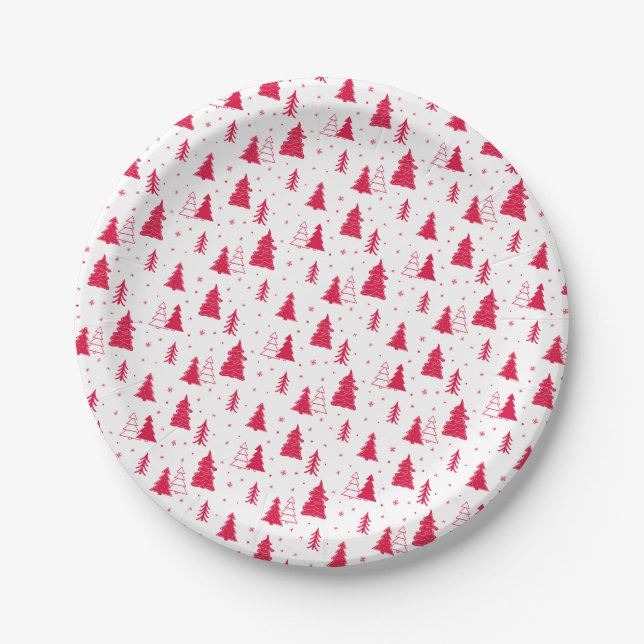 Red Christmas Tree Pattern Paper Plates (Front)