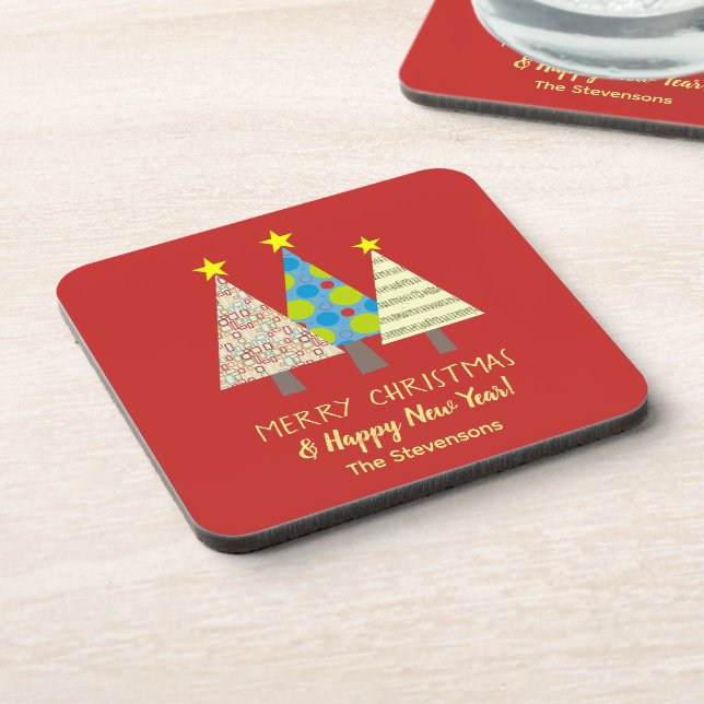 Red Christmas Tree Personalized Beverage Coaster (Left Side)