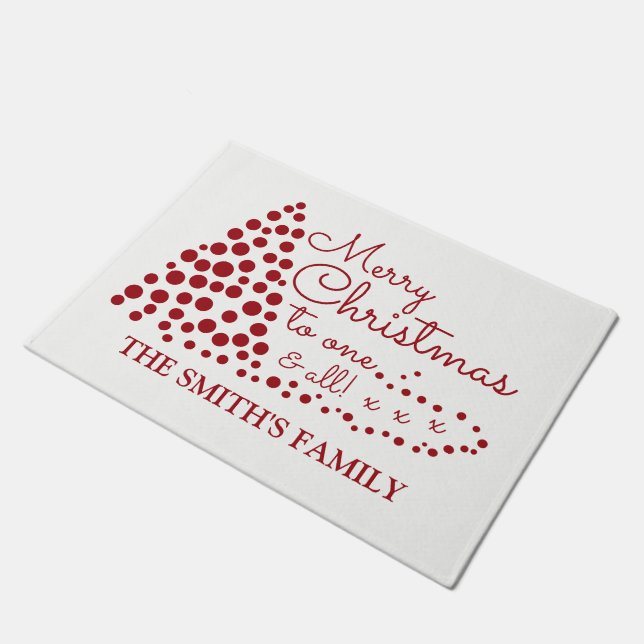Red Christmas Tree, Personalized Family Name Doorm Doormat (Angled)