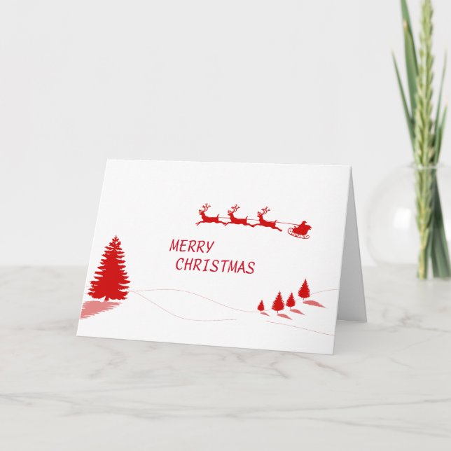 Red Christmas Tree Riding Reindeer Marry Christmas Holiday Card (Front)