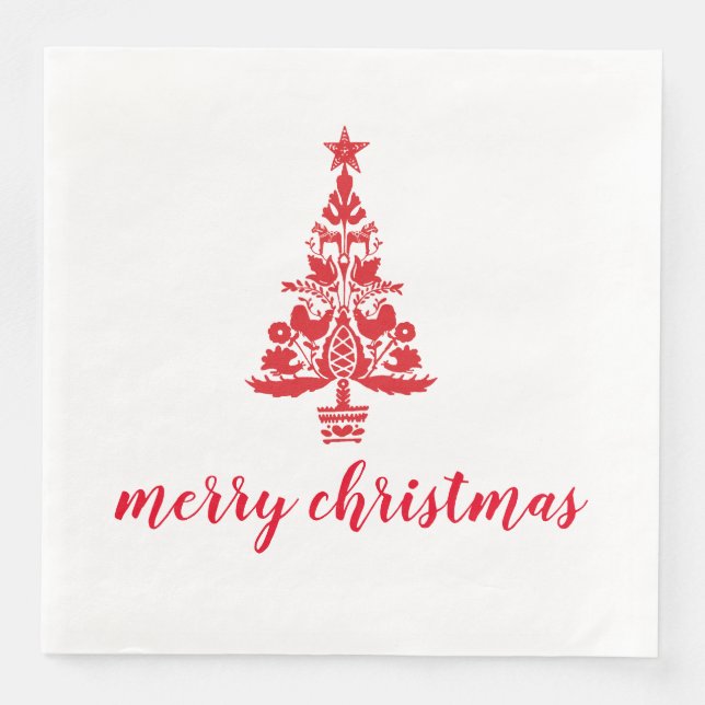 Red Christmas Tree Scandinavian Merry Christmas Paper Dinner Napkins (Front)