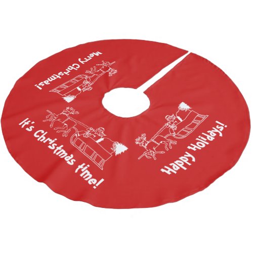 Red Christmas tree skirt with Santa sleigh ride