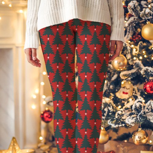 Red Christmas Tree Star Pattern Holiday Leggings