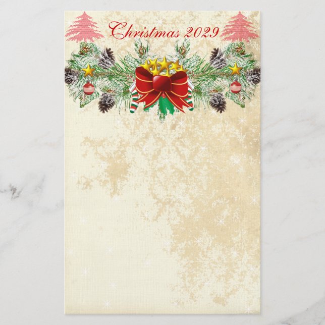 Red Christmas Tree Stars Distressed Damask Garland Stationery (Front)