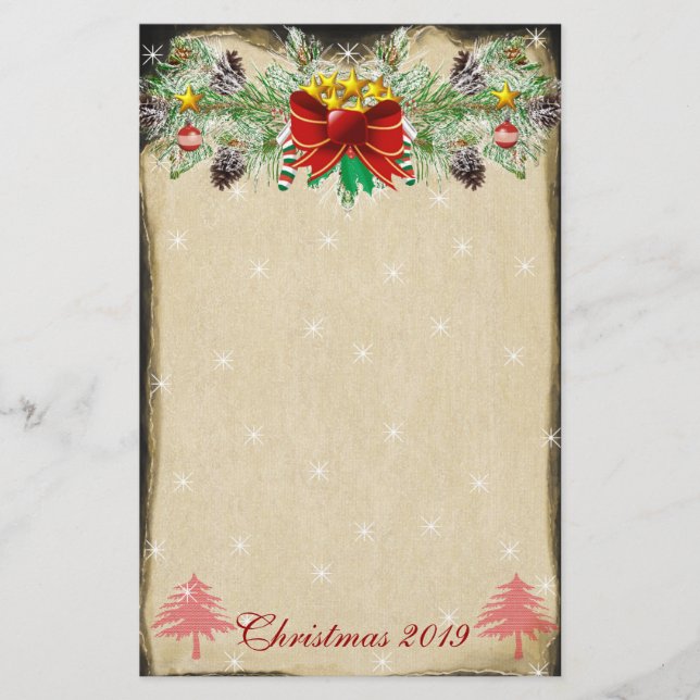 Red Christmas Tree Stars Lights Garland Stationery (Front)