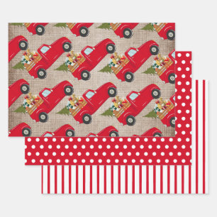 Red Christmas Tree Truck Burlap Polka Dots Stripes Wrapping Paper Sheets