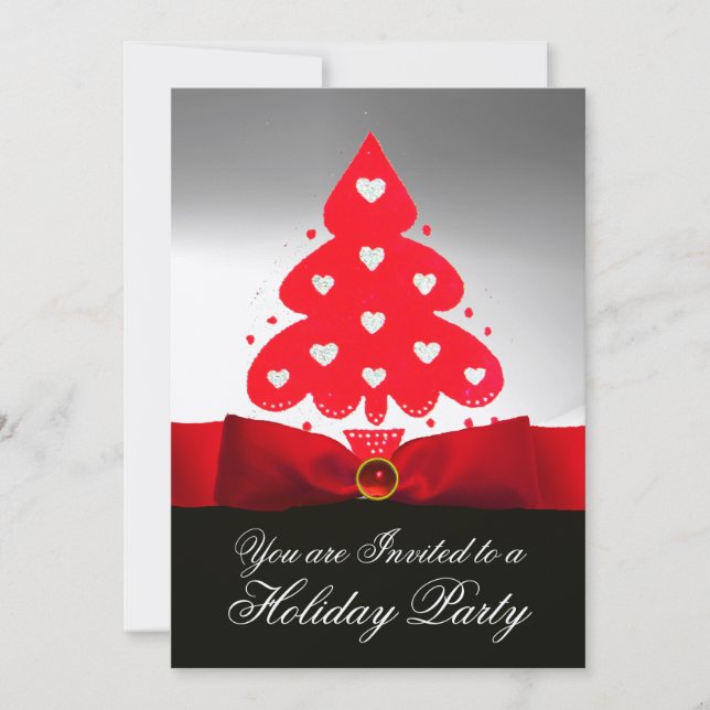 Red Christmas Tree ,White Black Damask Party Invitation (Front)