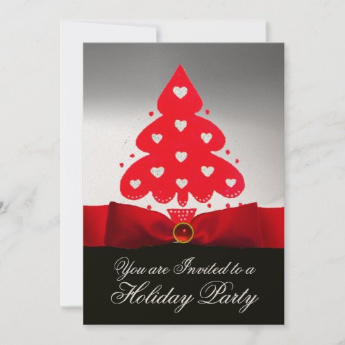 Red Christmas Tree White Black Damask Party Invitation