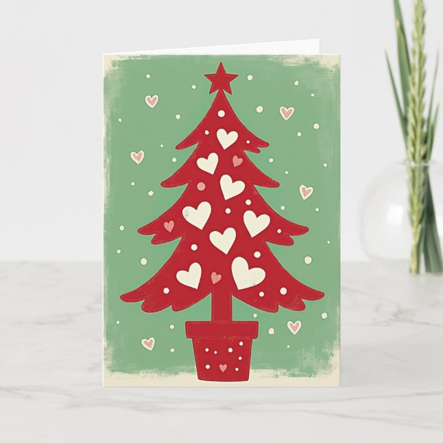 Red Christmas Tree White Hearts Card (Front)