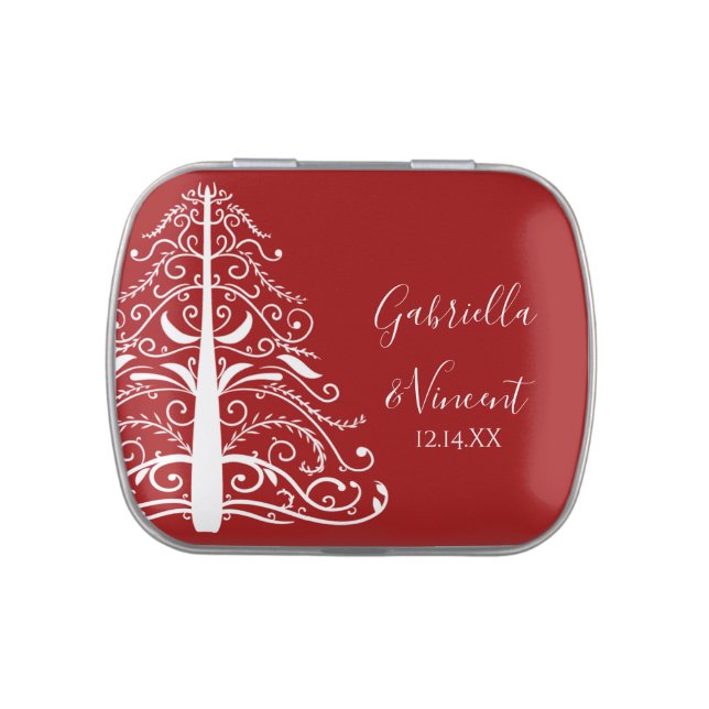 Red Christmas Tree Winter Wedding Favor Candy Tin (Top)