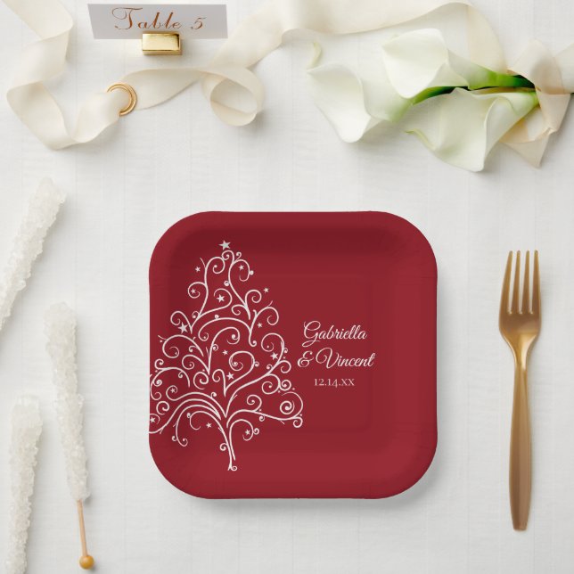 Red Christmas Tree Winter Wedding Paper Plates (Wedding)