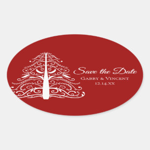 Red Christmas Tree Winter Wedding Save the Date Oval Sticker