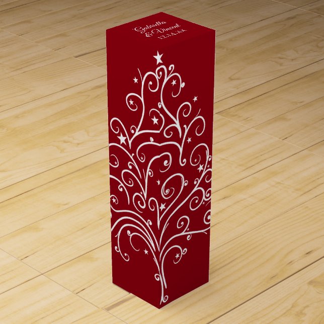 Red Christmas Tree Winter Wedding Wine Box (Front)