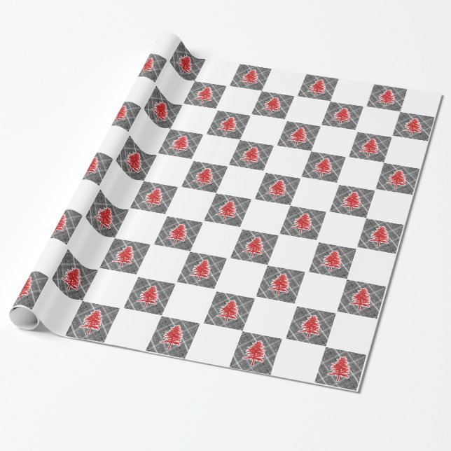 Red Christmas Tree Xmas Checkered Design Holiday Wrapping Paper (Unrolled)