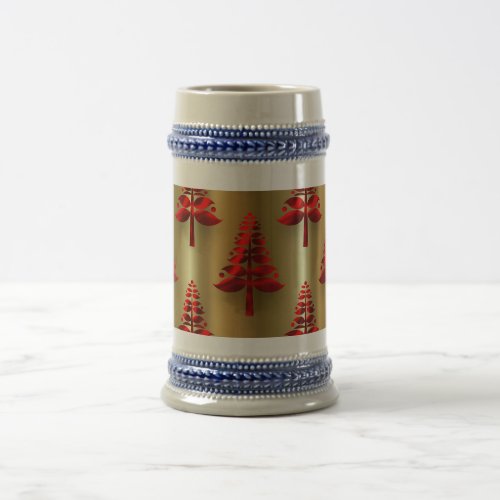 Red Christmas Trees on Gold Beer Stein
