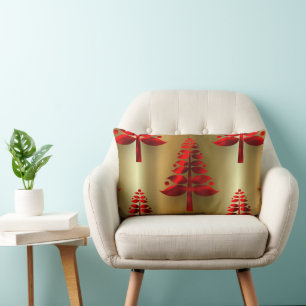 Red Christmas Trees on Gold Lumbar Pillow
