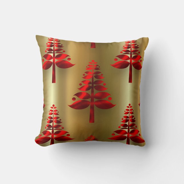Red Christmas Trees on Gold Throw Pillow (Front)