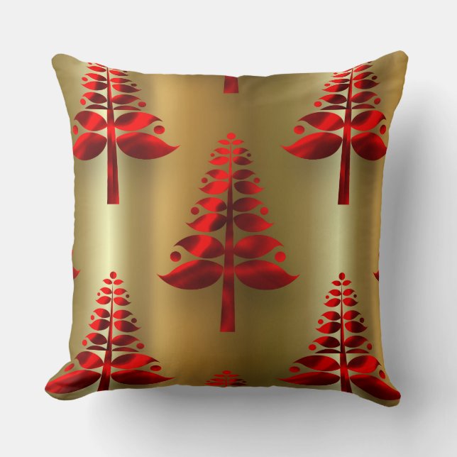 Red Christmas Trees on Gold Throw Pillow (Front)