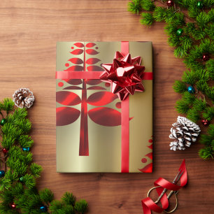 Red Christmas Trees on Gold Wrapping Paper