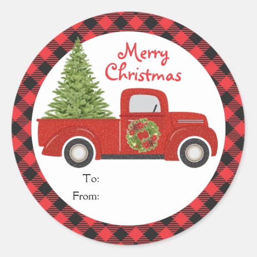 Red Christmas Truck Buffalo Plaid Gift To From Classic Round Sticker