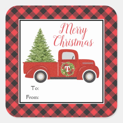 Red Christmas Truck Buffalo Plaid To From Gift Square Sticker